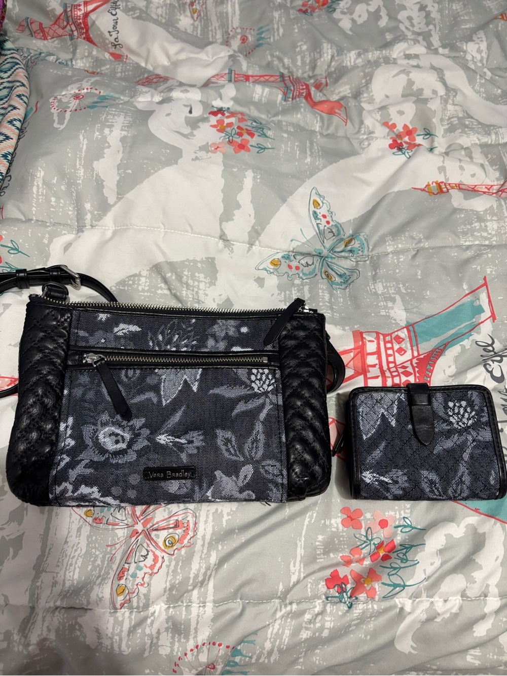 Vera Bradley Black and Gray Quilted Floral Crossbody with Matching Wallet